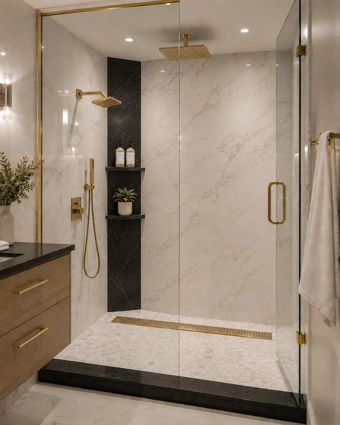 Walk-in shower with marble-look tile, a black stone niche and brushed brass fixtures